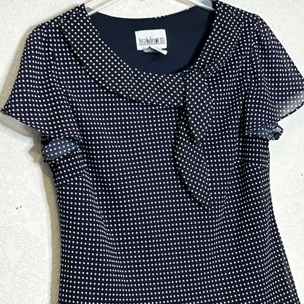 Just In Thyme LTD Women's Blouse Navy Blue and White Polka Dot size 14 - Picture 3 of 12